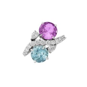 Ring in white gold 18k with Paraiba, pink sapphire & white diamonds