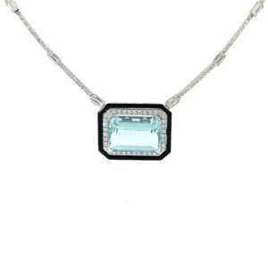 Atlantis Collection necklace with Aquamarine centerstone, white diamonds & black enamel