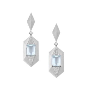 Atlantis Collection earrings in mat white gold 18k with Aquamarine centerstones & white diamonds